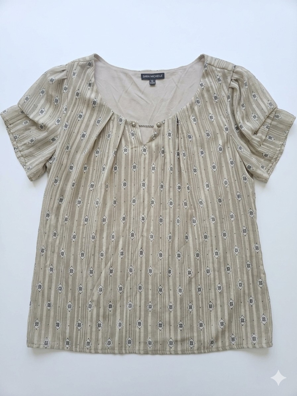 Sara Michelle Neutral Beige Printed Short Sleeve Blouse